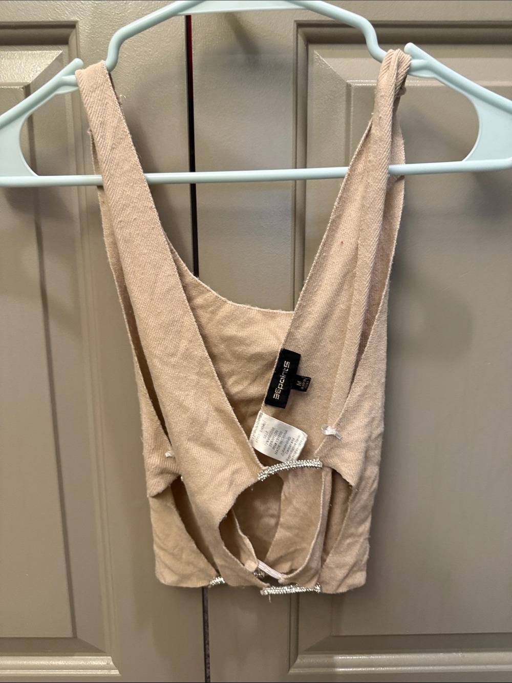 36 Point 5 Beige Ribbed Crop Tank Top with Embellished Cutouts
